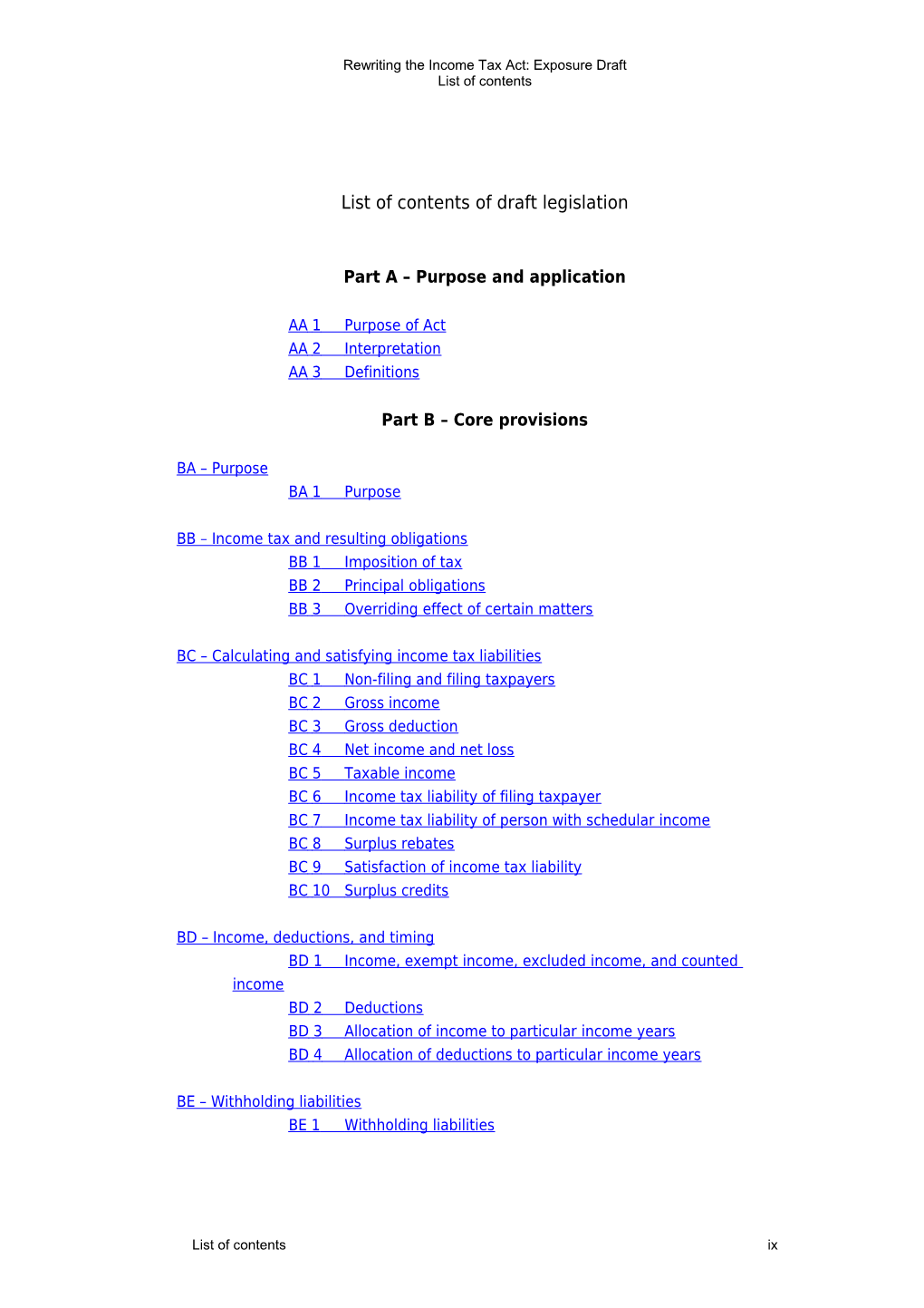 Rewriting the Income Tax Act - Exposure Draft - Contents