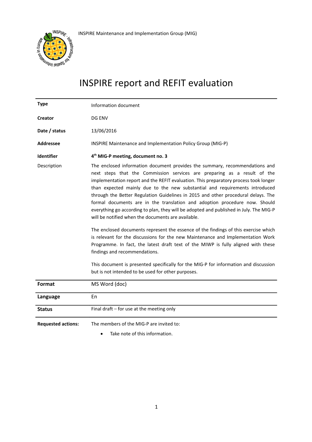 INSPIRE Report and REFIT Evaluation
