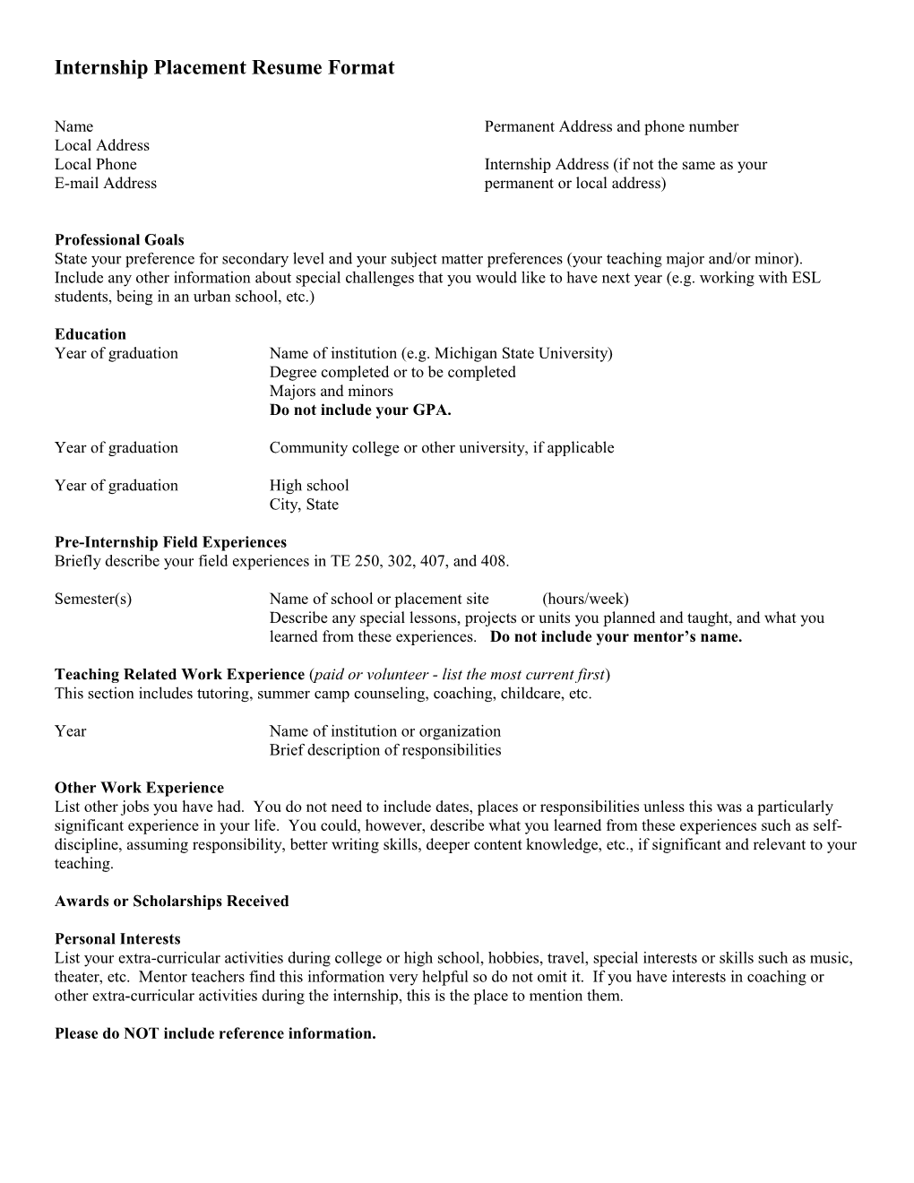 Internship Placement Resume Format