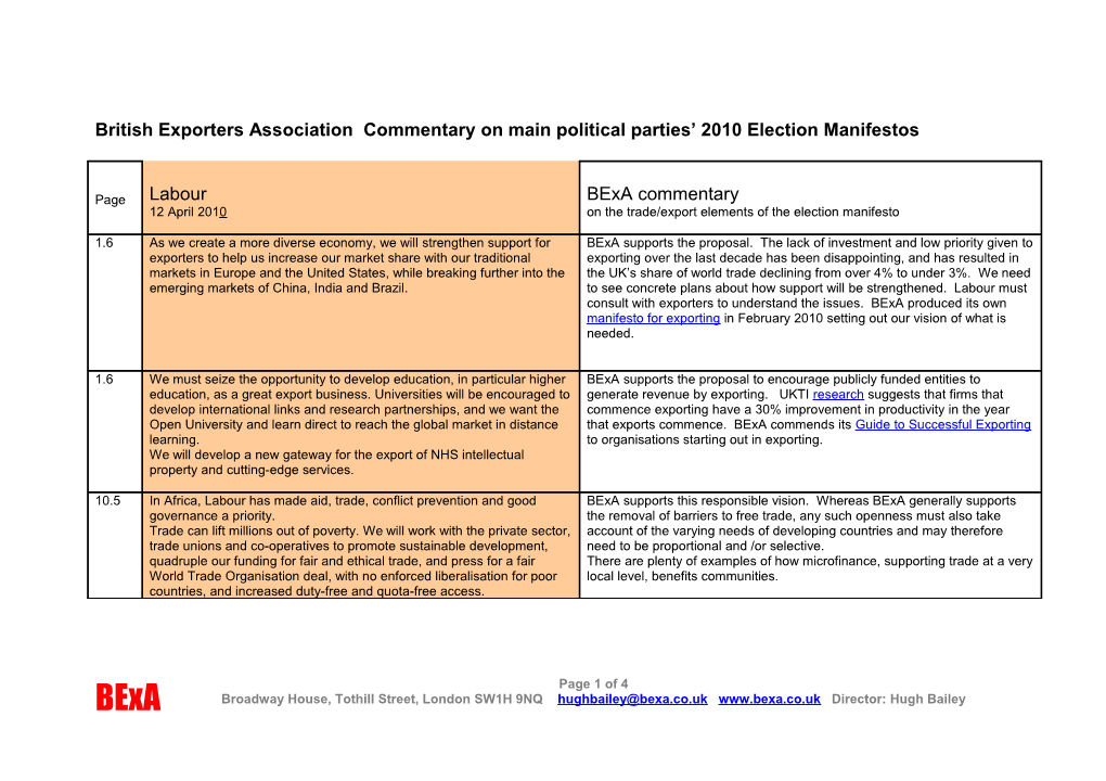 Bexa Commentary on Main Political Parties 2010 Election Manifestos