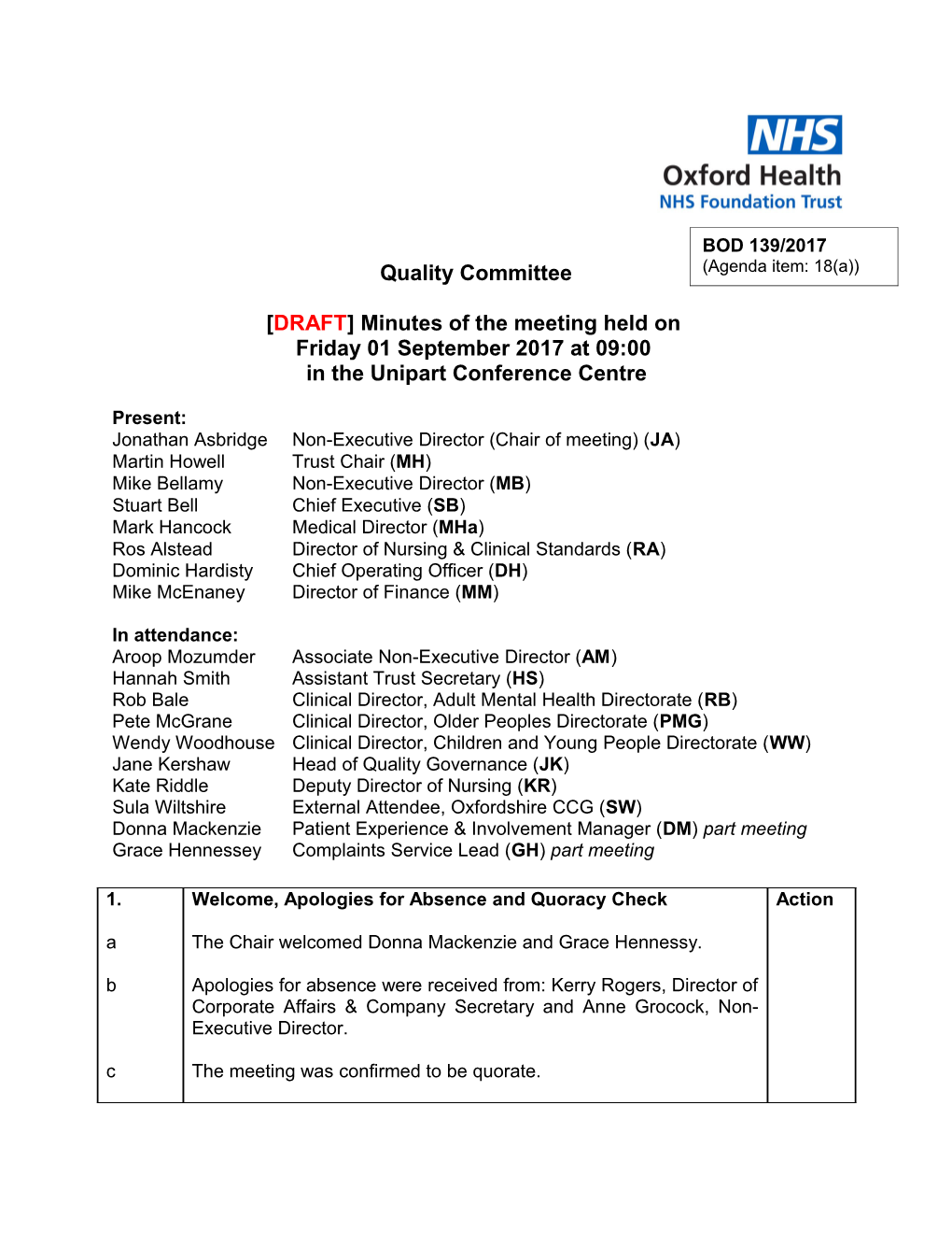 Minutes of the Quality Committee, 1St September 2017