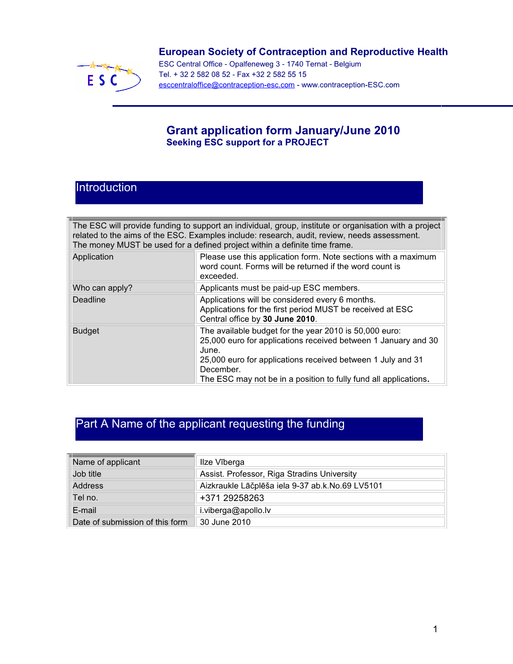 Grant Application Form January/June 2010