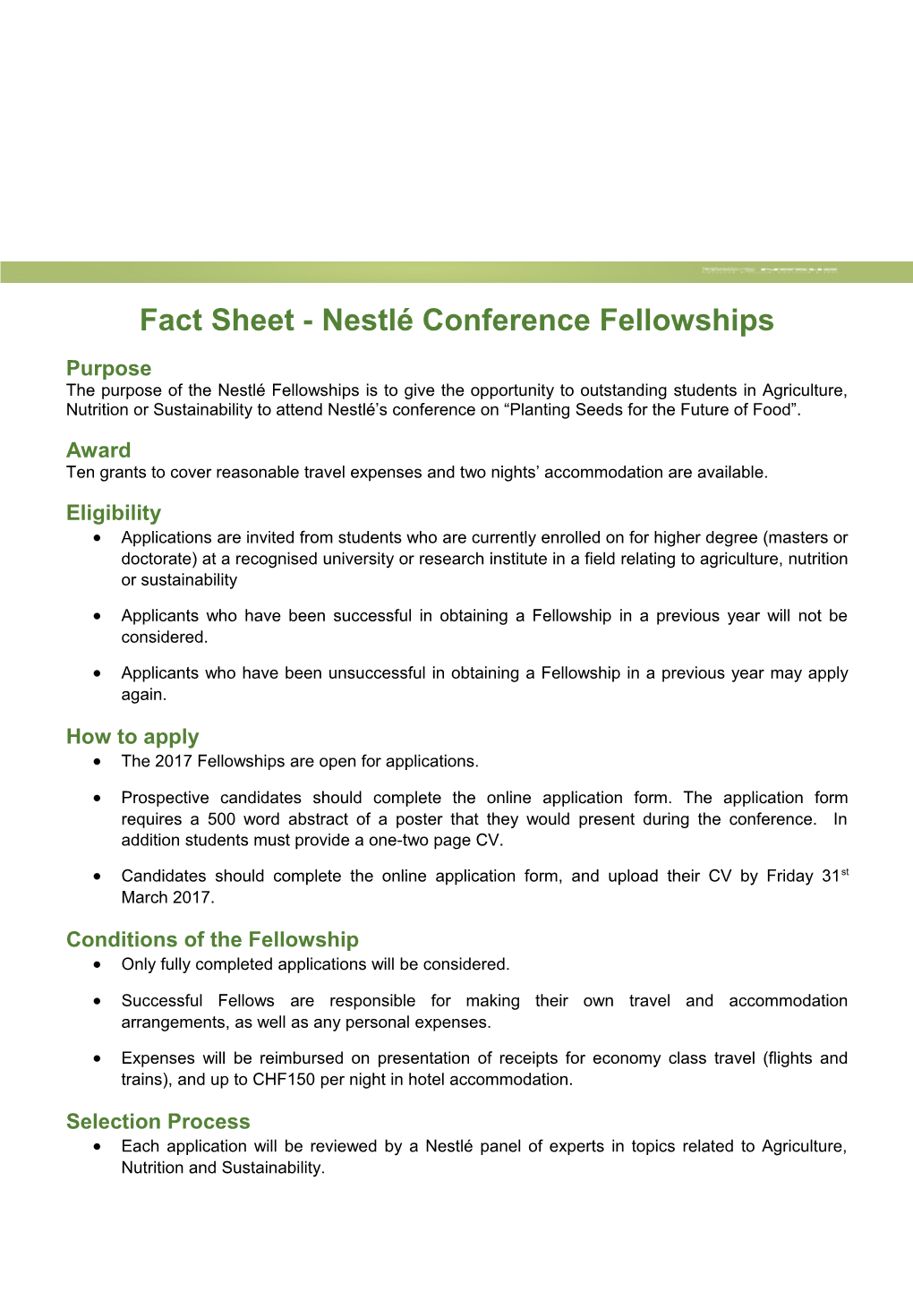 Fact Sheet - Nestlé Conference Fellowships