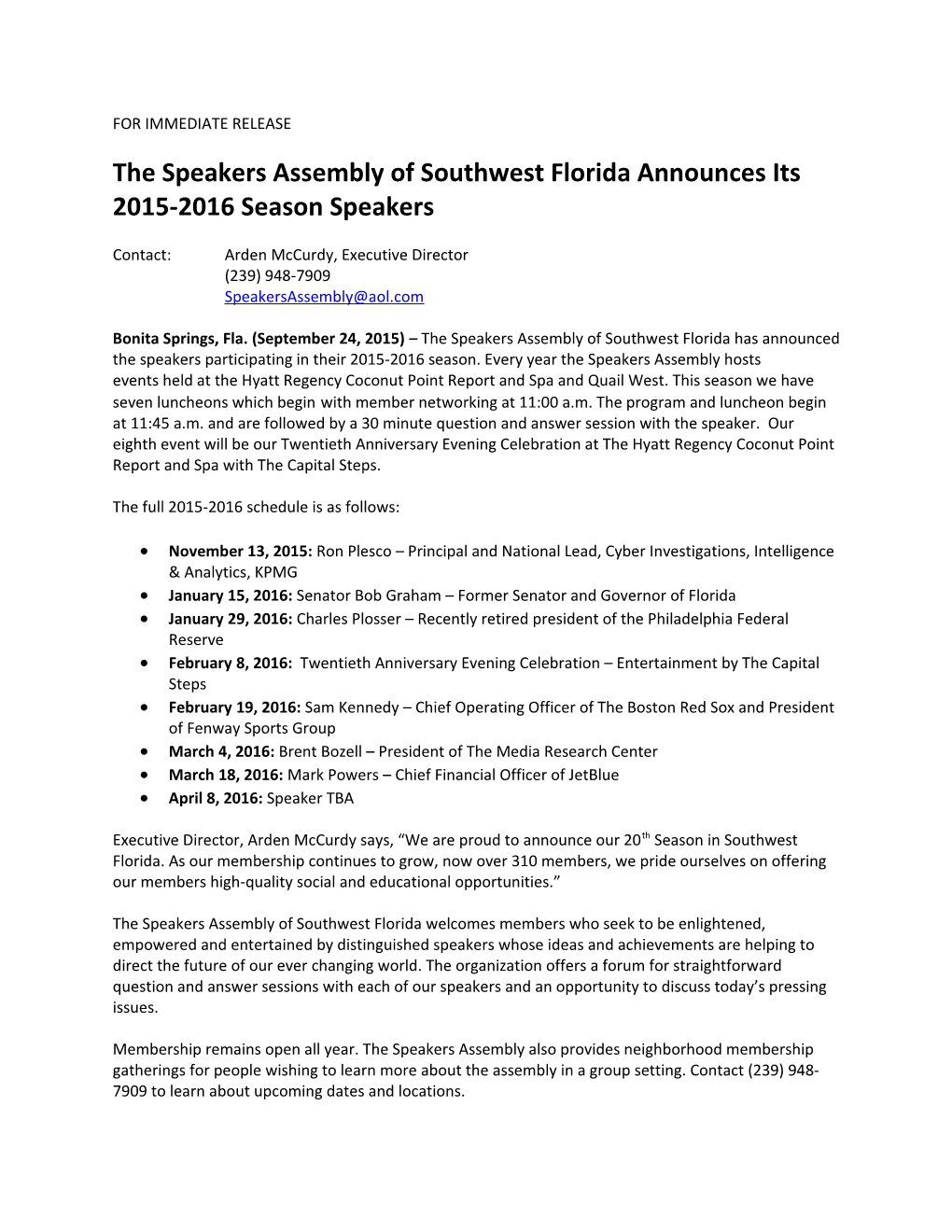 The Speakers Assembly of Southwest Florida Announces Its 2015-2016 Season Speakers
