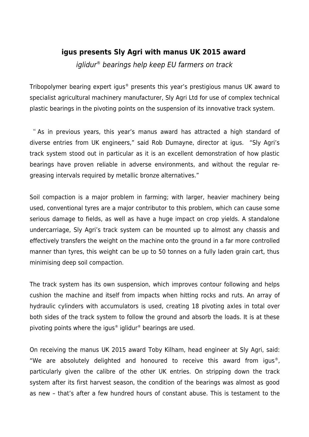 Igus Presents Sly Agri with Manus UK 2015 Award