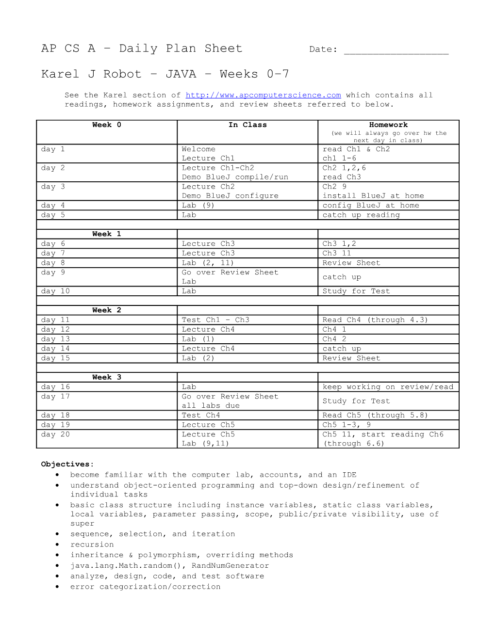 AP CS a Daily Plan Sheet