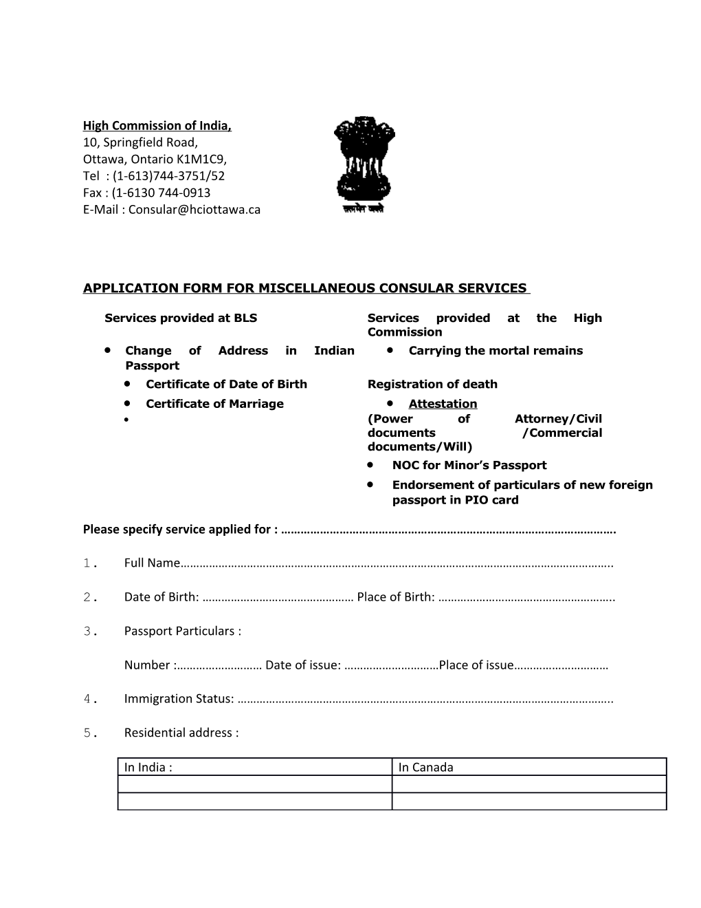 Application Form for Miscellaneous Consular Services