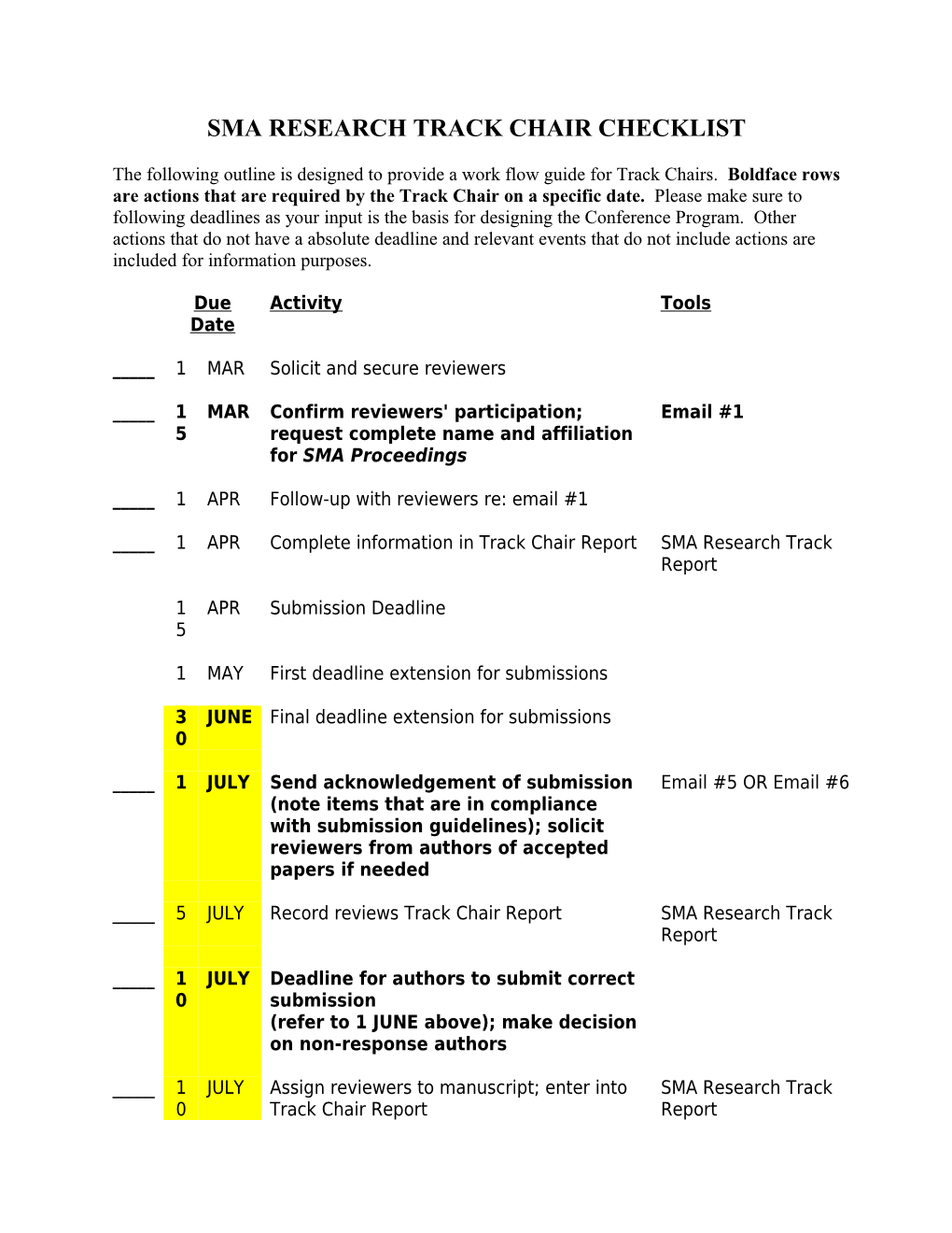 SMA Research Track Chair Checklist