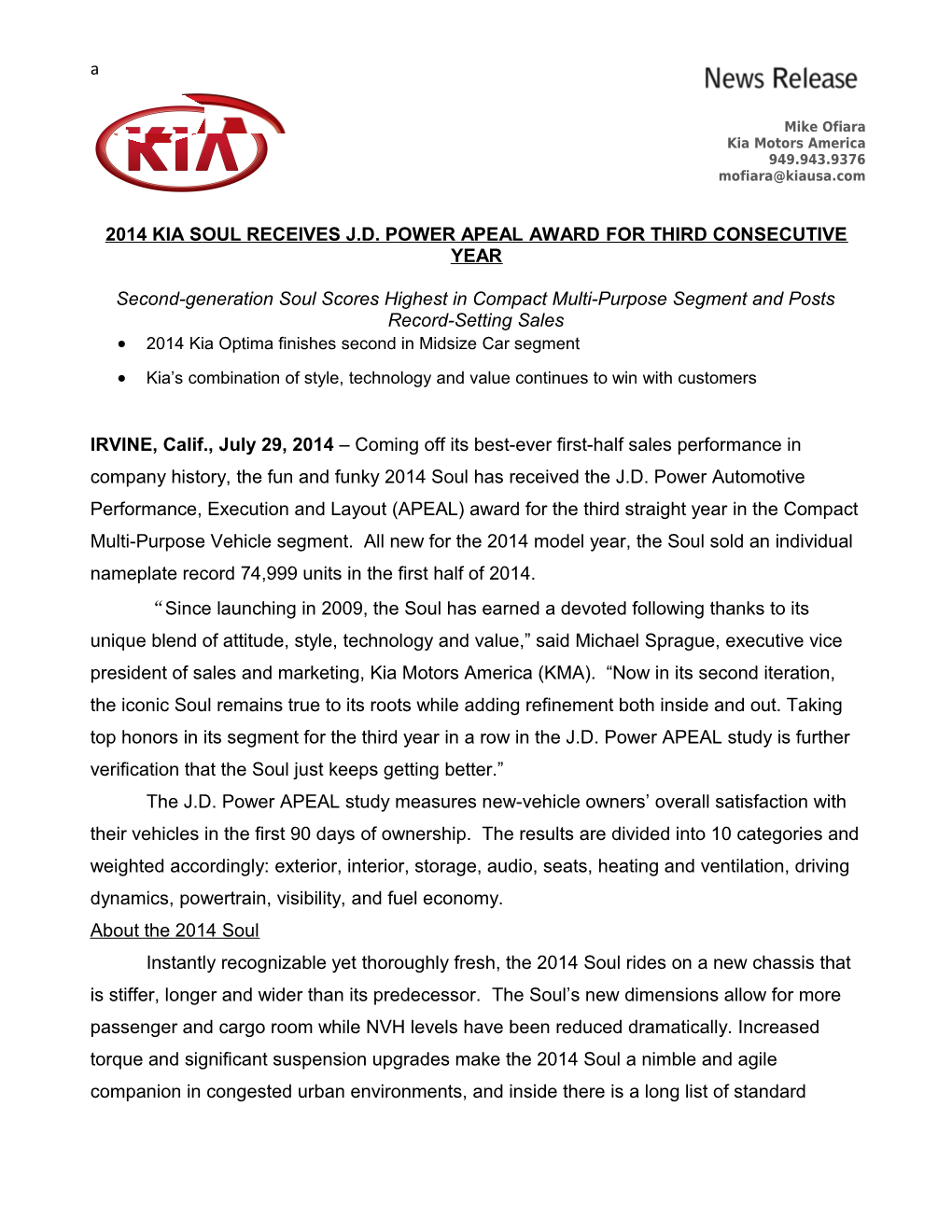 2014 Kia Soul Receives J.D. Power Apeal Award for Third Consecutive Year