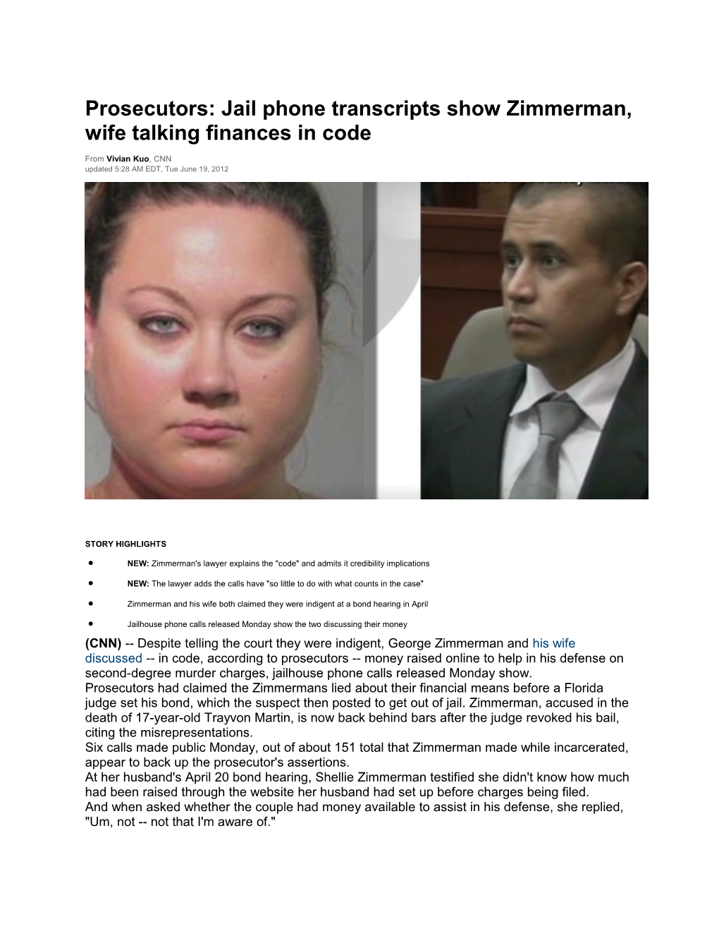 Prosecutors: Jail Phone Transcripts Show Zimmerman, Wife Talking Finances in Code