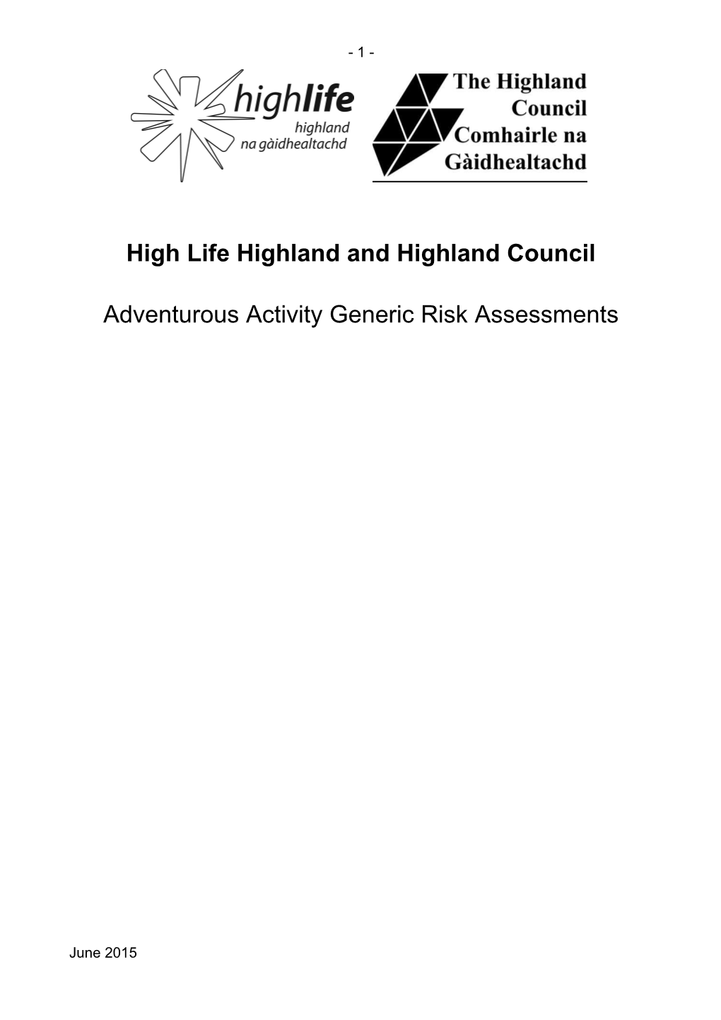 HLH and HC Generic Risk Assessments for Adventurous Activites 2013