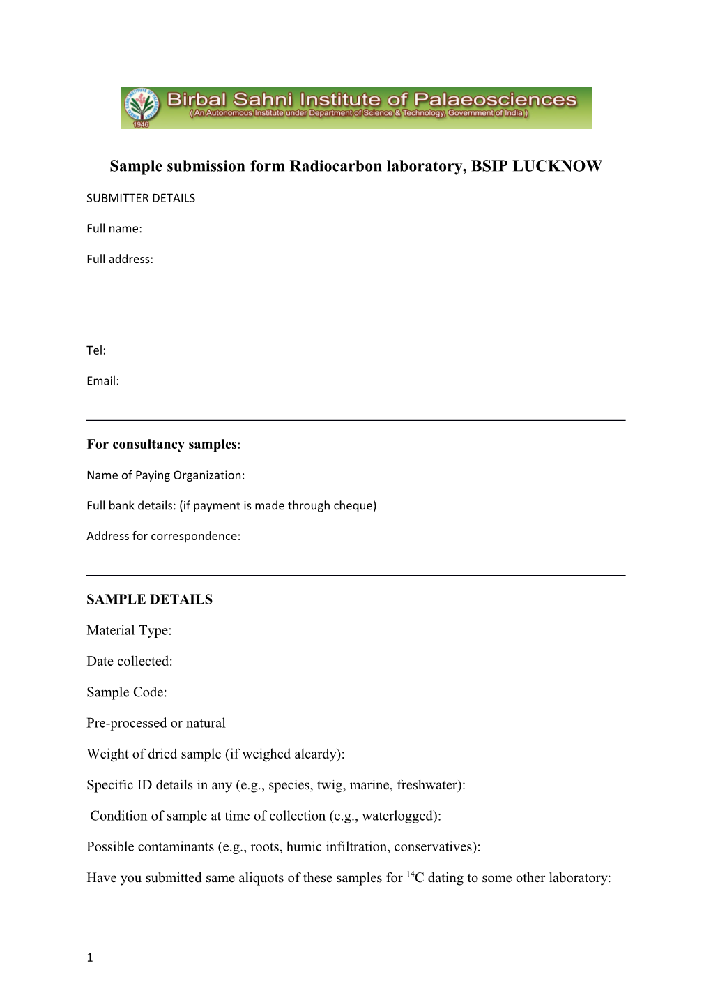 Sample Submission Form Radiocarbon Laboratory, BSIP LUCKNOW