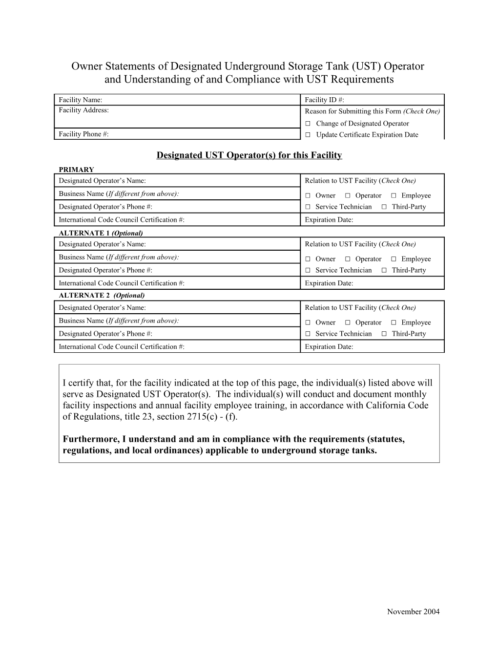 Owner Statements of Designated Underground Storage Tank (UST) Operator