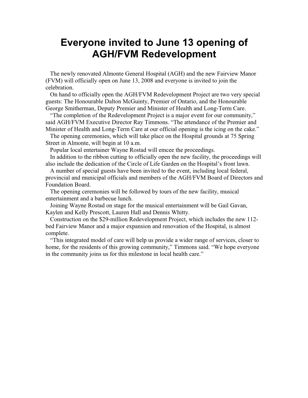Everyone Invited to June 13 Opening of AGH/FVM Redevelopment