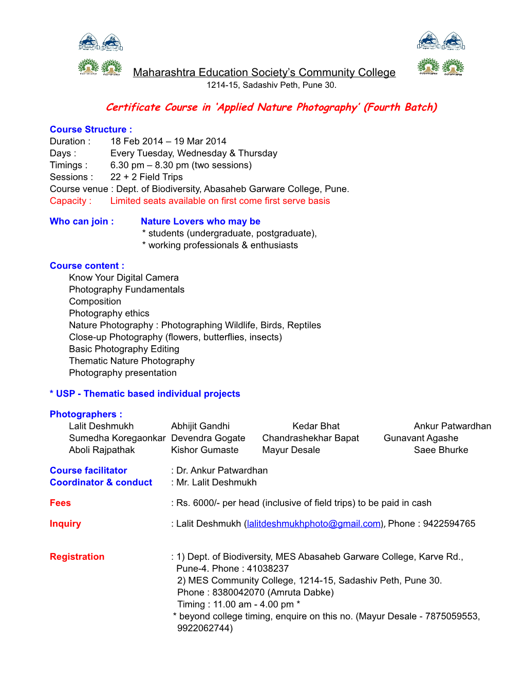 Certificate Course in Applied Nature Photography (Fourth Batch)