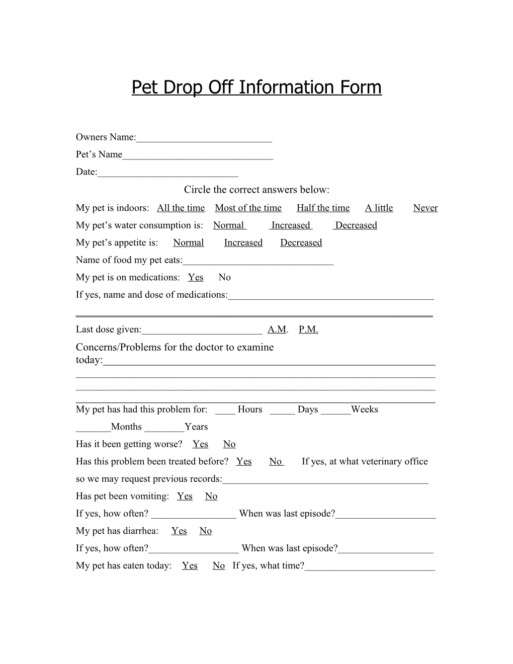 Pet Drop Off Information Form