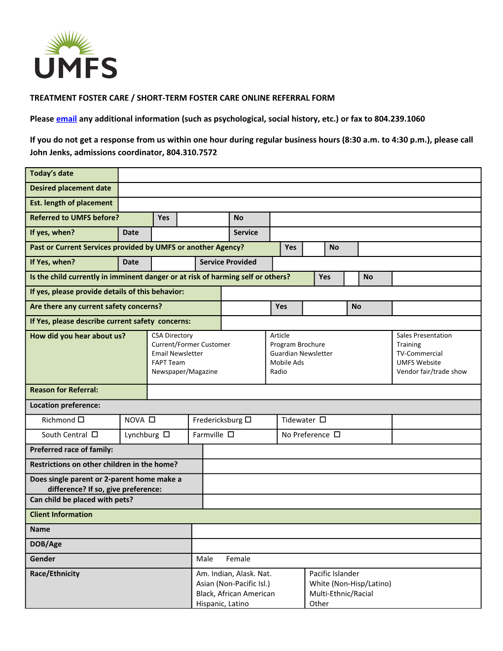 Treatment Foster Care / Short-Term Foster Care Online Referral Form