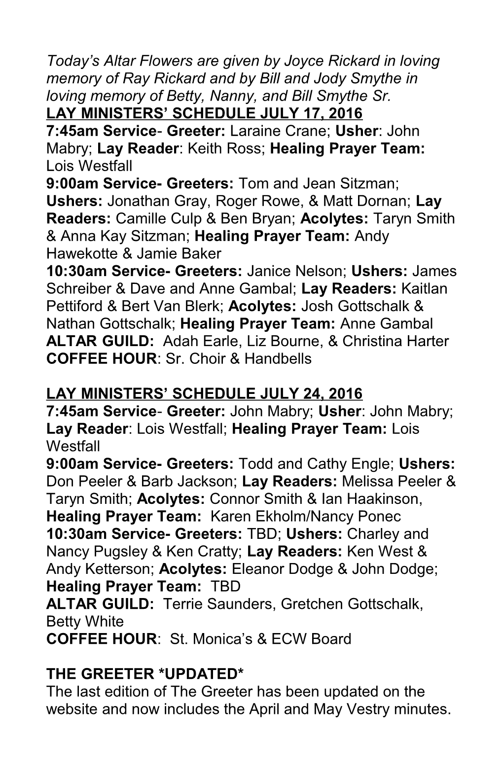 Lay Ministers Schedule July 17, 2016