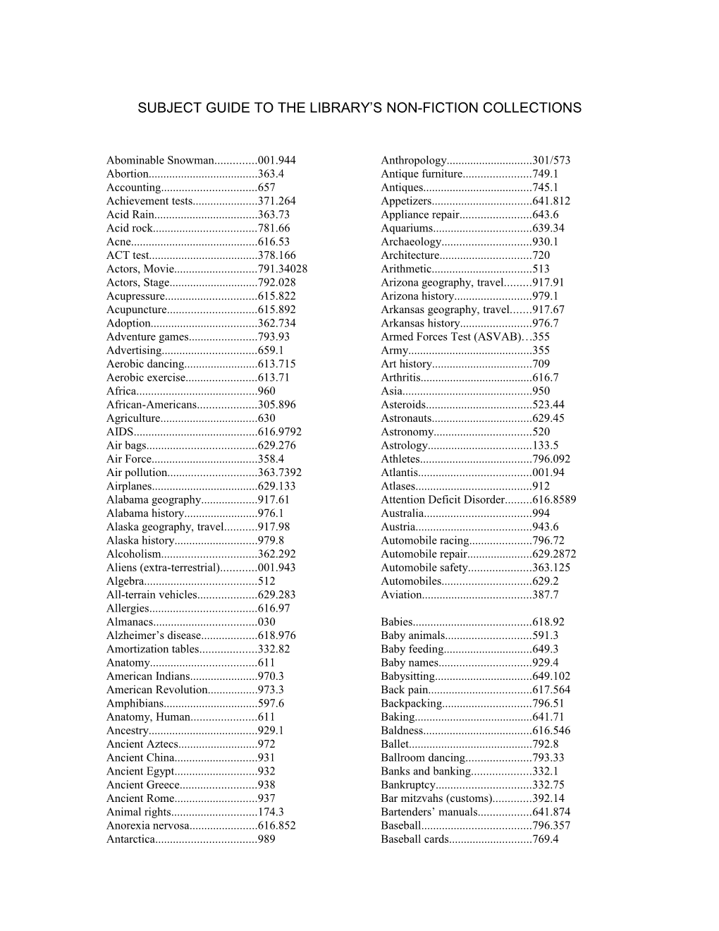 Subject Guide to the Library S Non-Fiction Collections