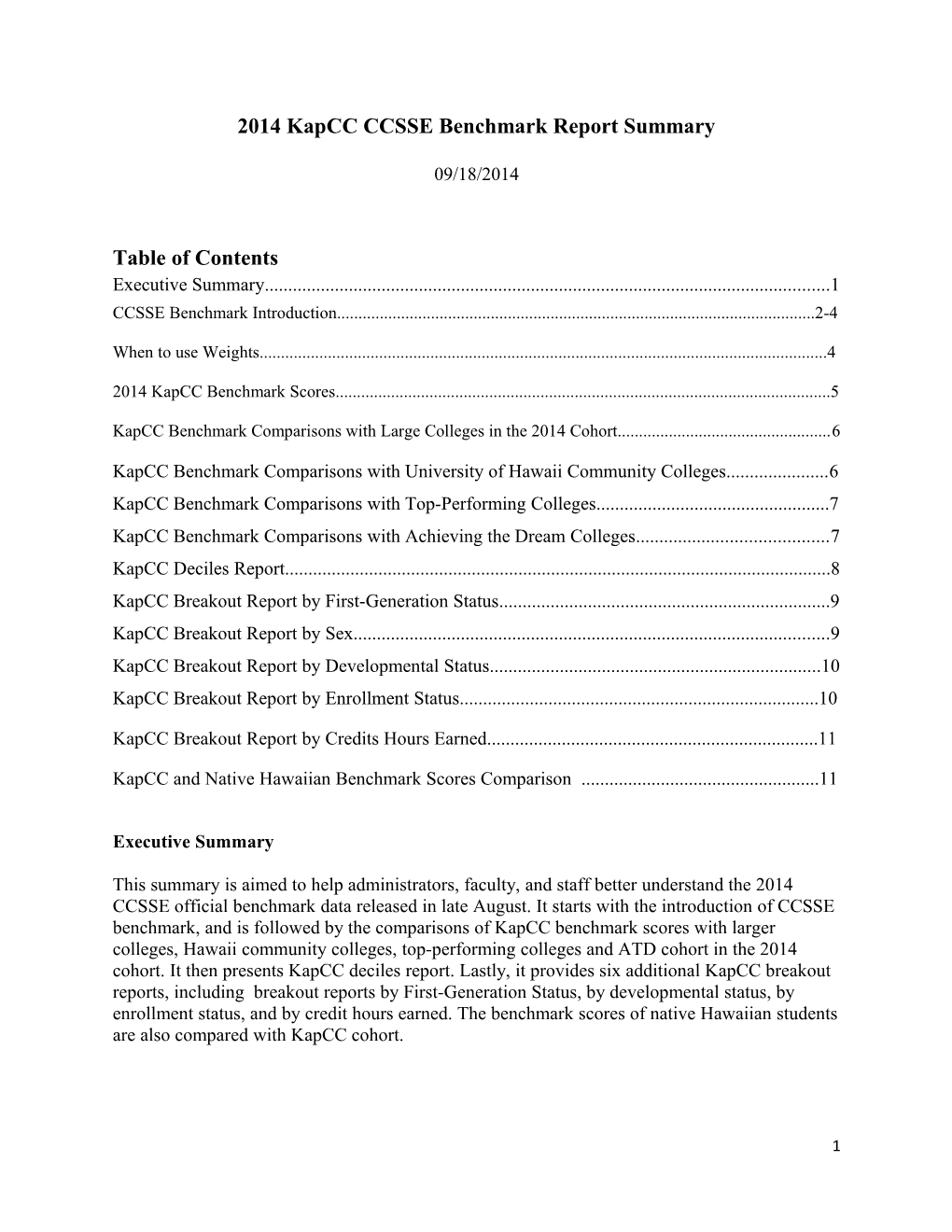 2014 Kapcc CCSSE Benchmark Report Summary