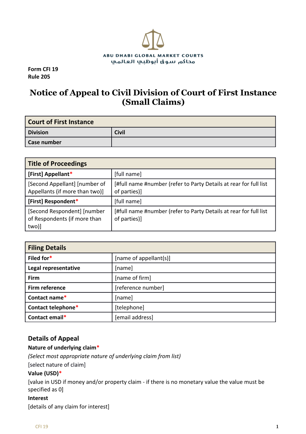 Notice of Appeal to Civil Division of Court of First Instance (Small Claims)