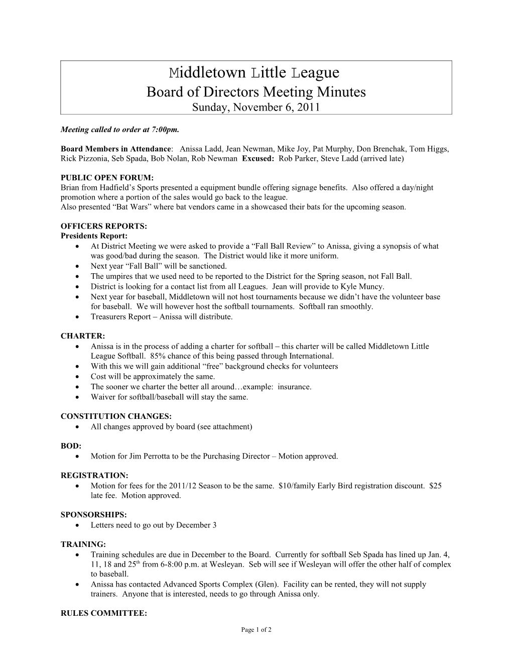 Middletown Little League Board of Directors Meeting Minutes