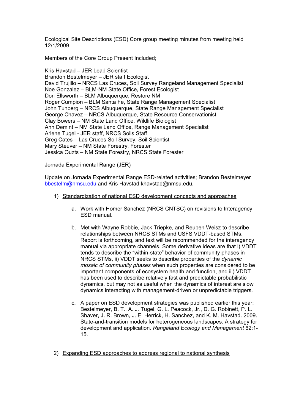 Ecological Site Descriptions (ESD) Core Group Meeting Minutes from Meeting Held 12/1/2009