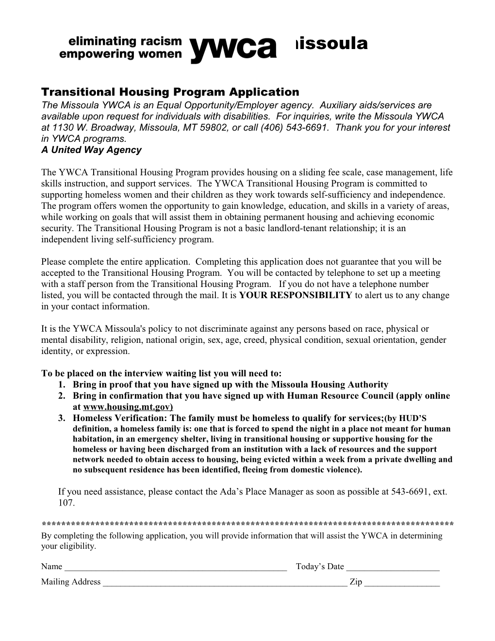 Transitional Housing Program Application