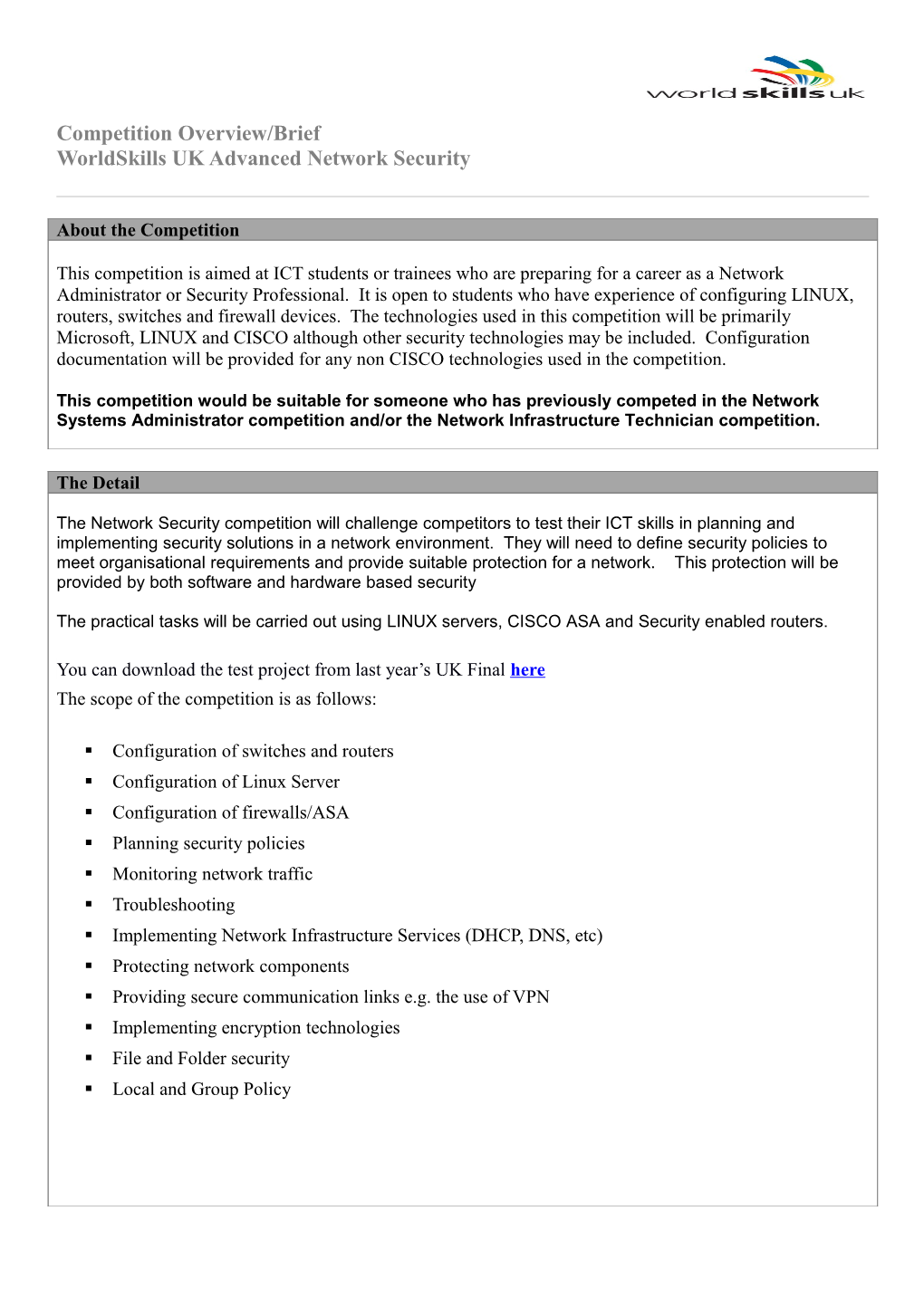 Competition Overview Or Competition Brief (For Passive Competitions) - Worldskills UK Level