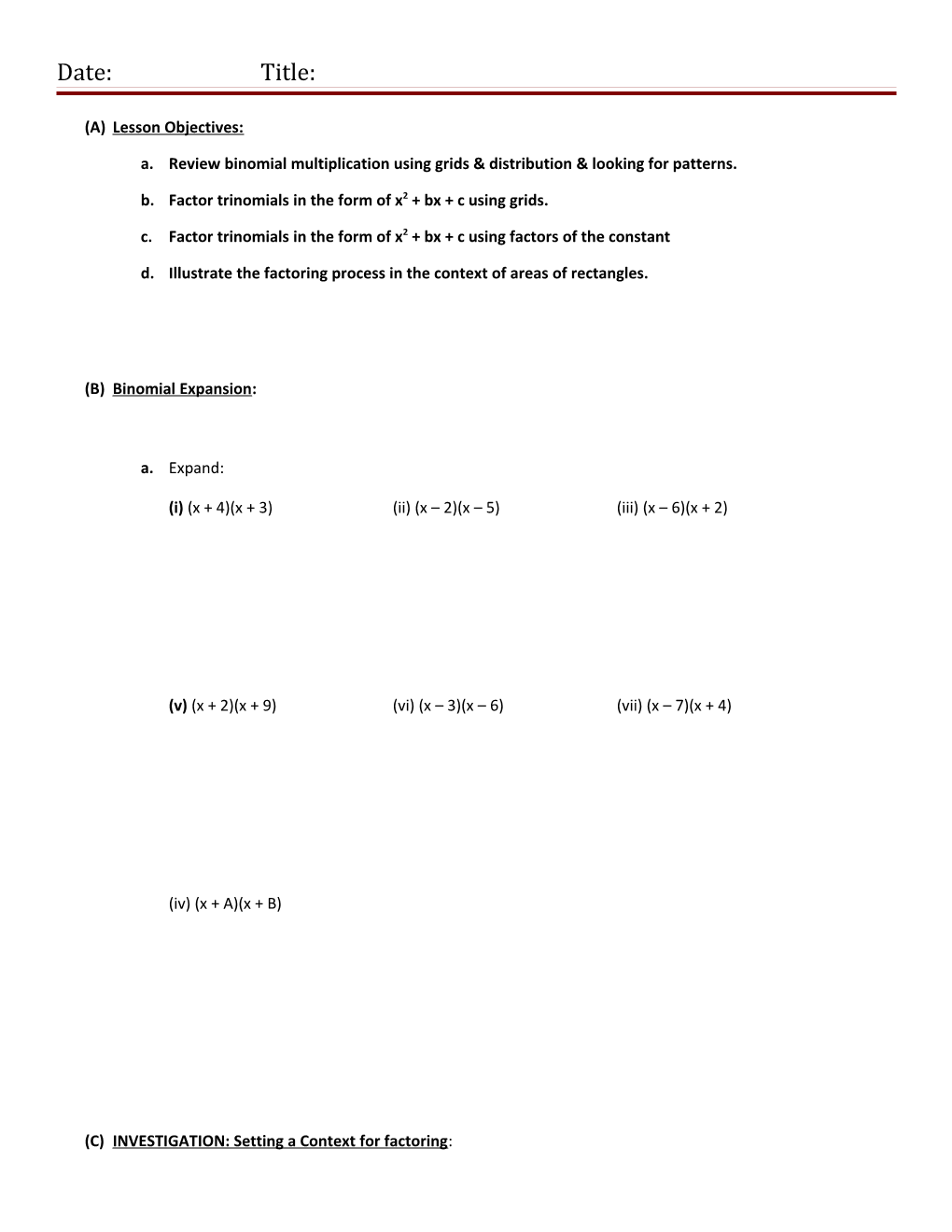 Grade 9 Integrated Math Lesson Notes Outline s1