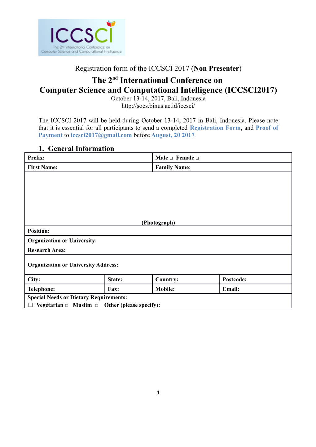 Registration Form of the ICCSCI 2017 (Non Presenter)