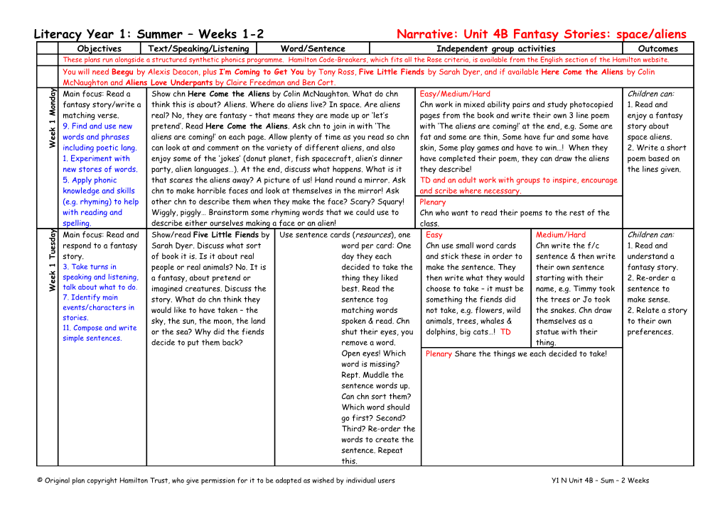 Weekly Plan for Literacy: Year 1 s1