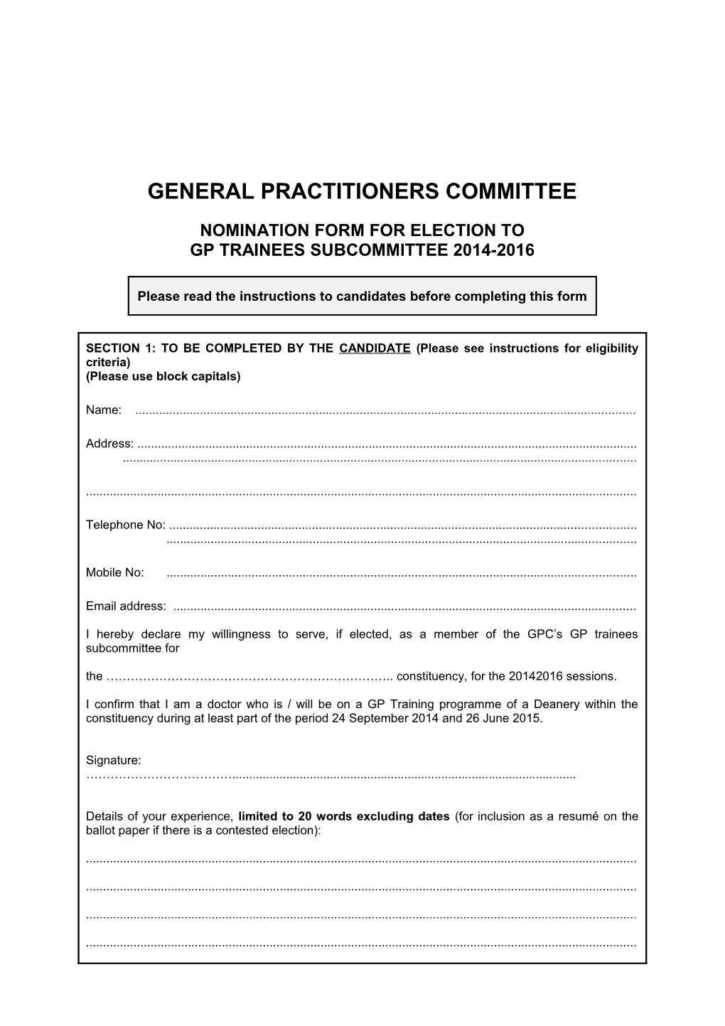 Nomination Form for Election To
