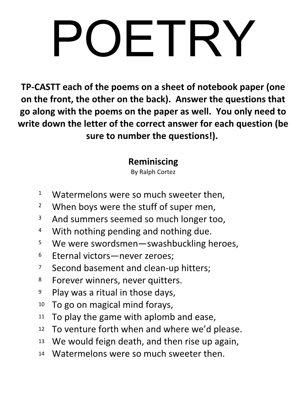 TP-CASTT Each of the Poems on a Sheet of Notebook Paper (One on the Front, the Other On