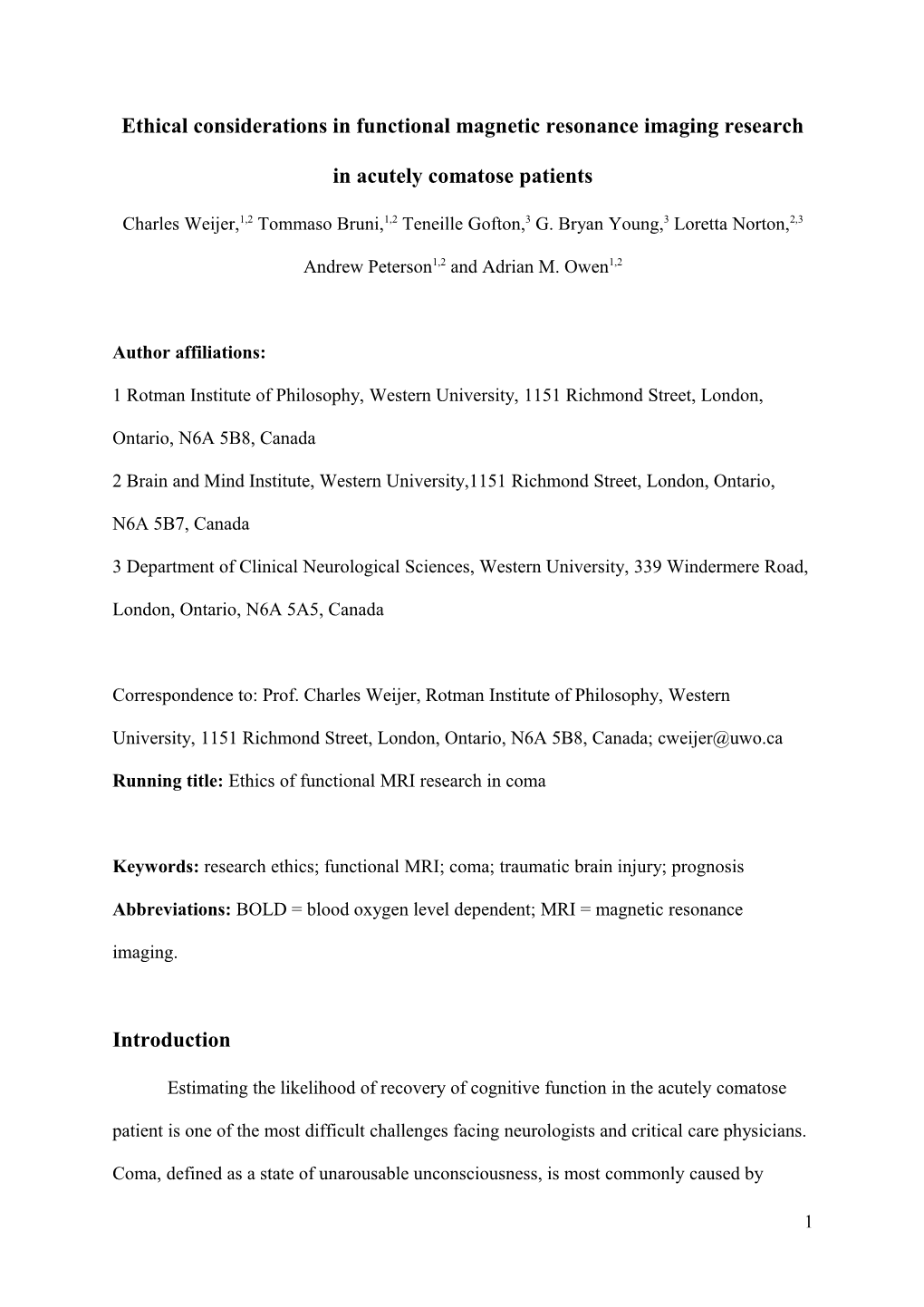 Ethical Considerations in Functional Magnetic Resonance Imaging Research in Acutely Comatose