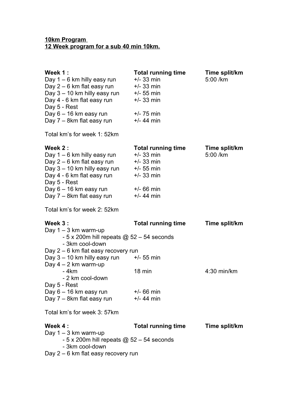 12 Week Program Sub 45 Min 10Km