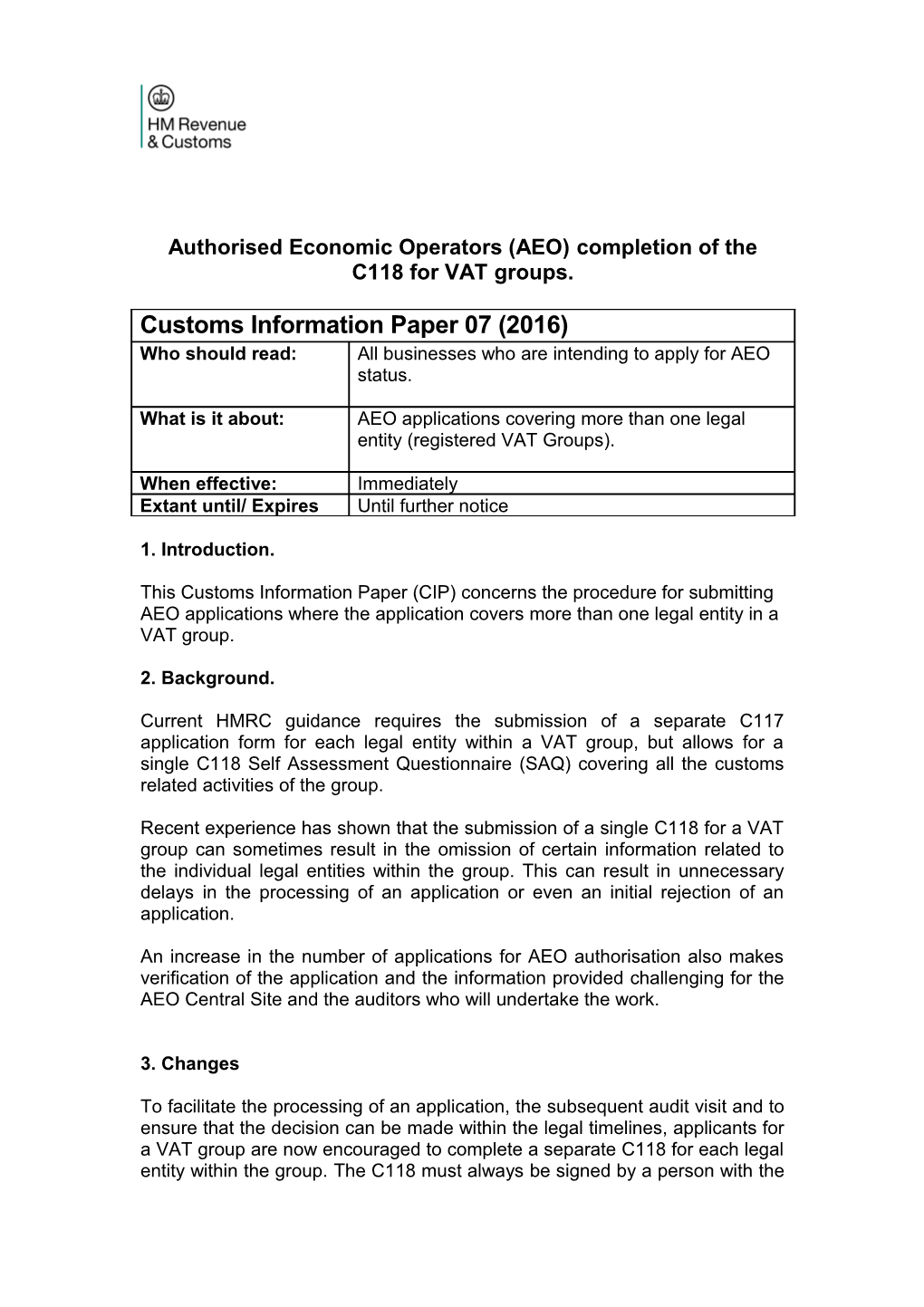 Authorised Economic Operators (AEO) Completion of the C118 for VAT Groups