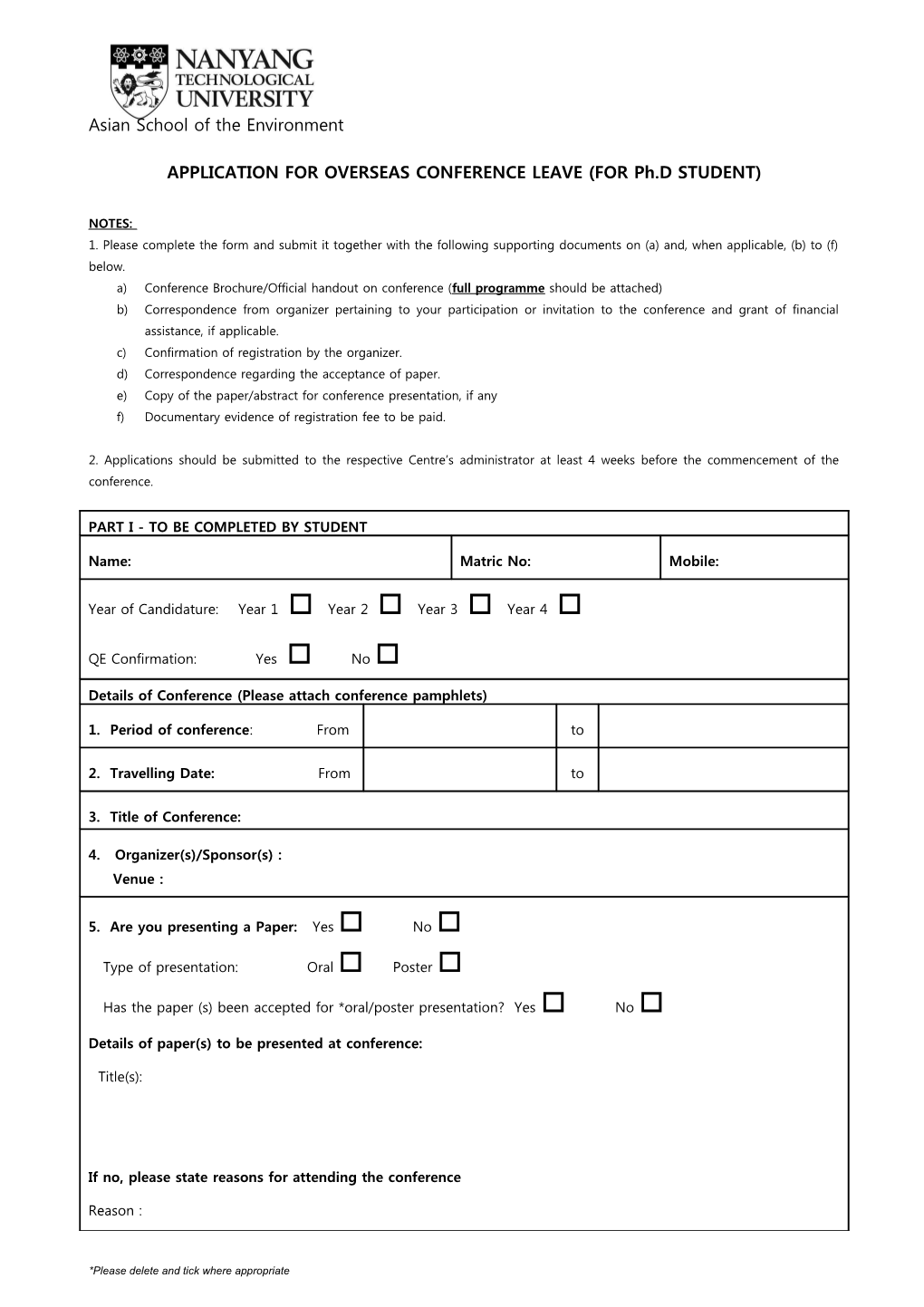 APPLICATION for OVERSEAS CONFERENCE LEAVE (FOR Ph.D STUDENT)