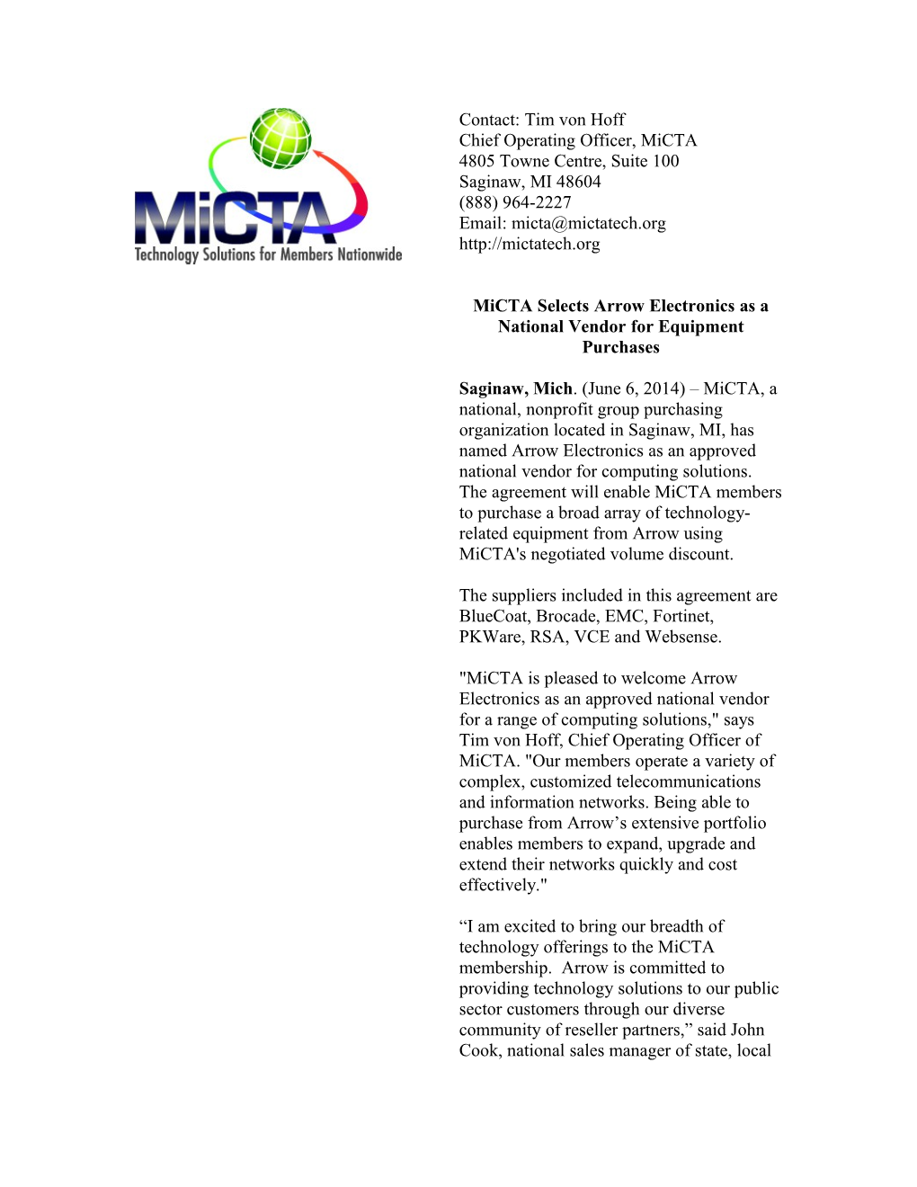 Micta Selects Arrow Electronics As a National Vendor for Equipment Purchases