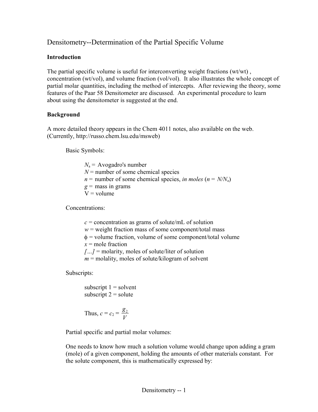 Densitometry Determination of the Partial Specific Volume