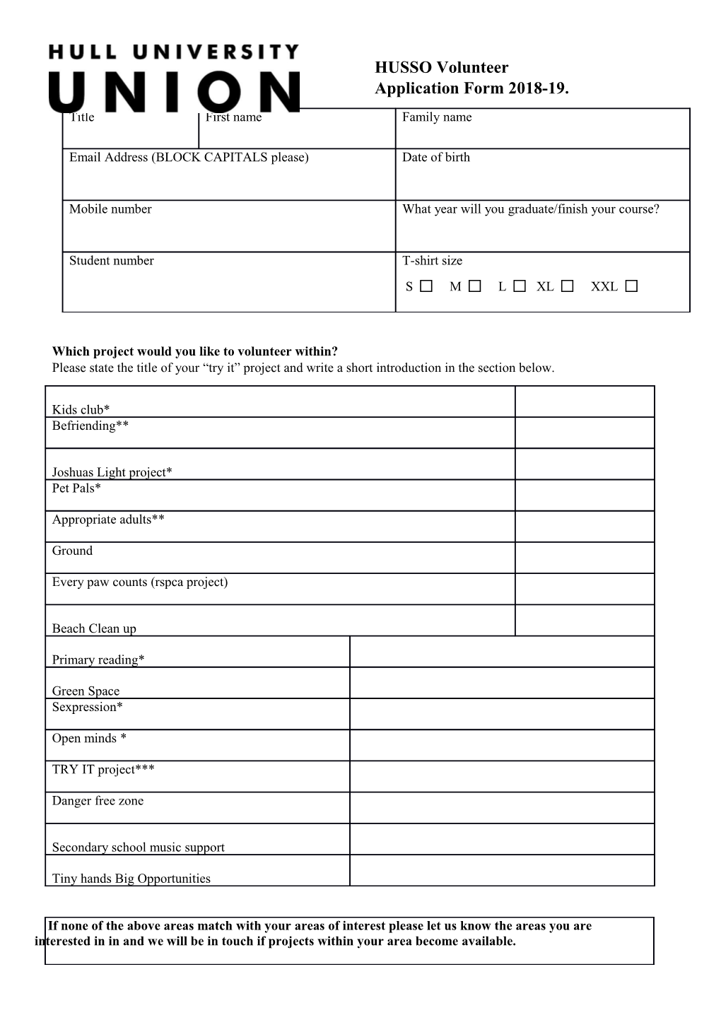 HUSSO Volunteer Application Form 2018-19