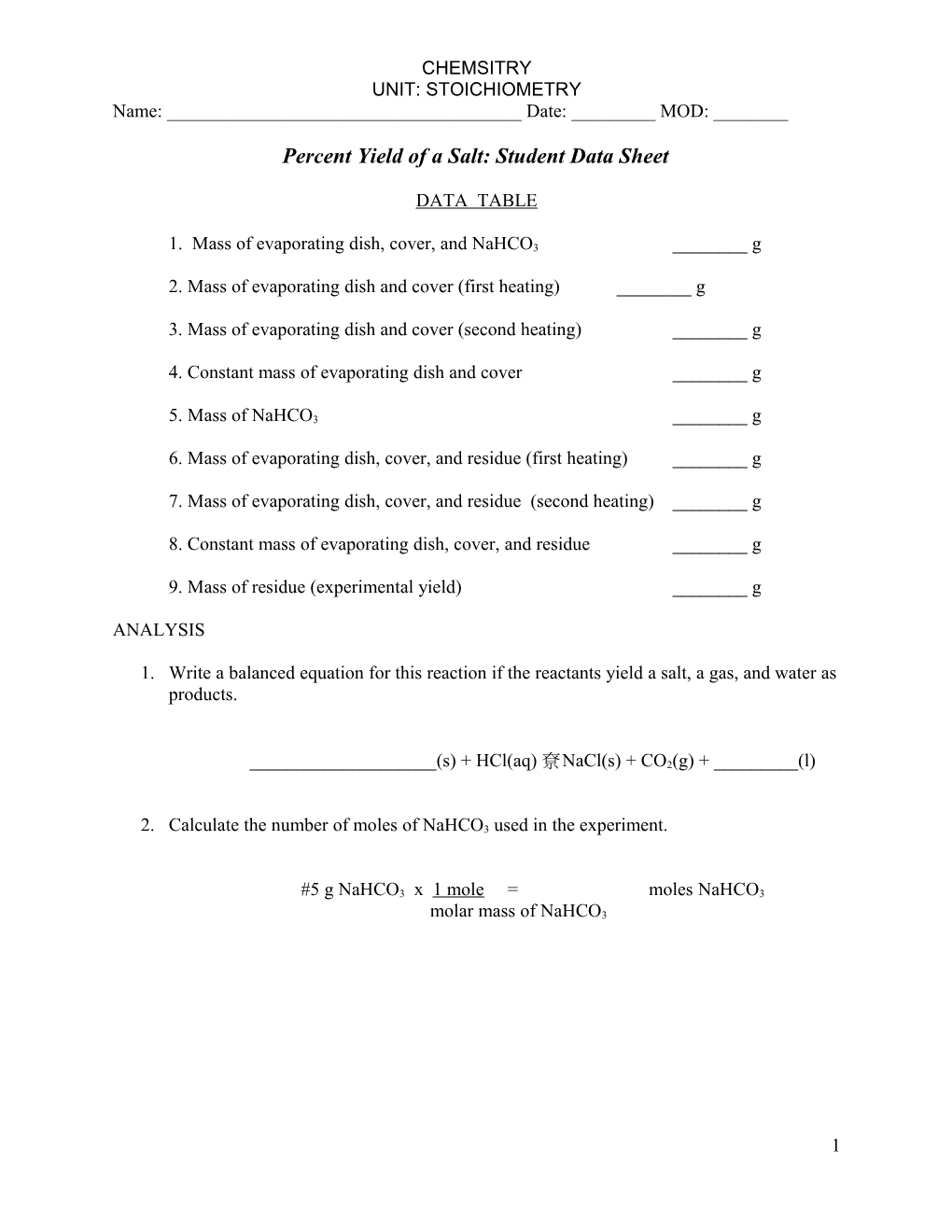 Percent Yield of a Salt: Student Data Sheet