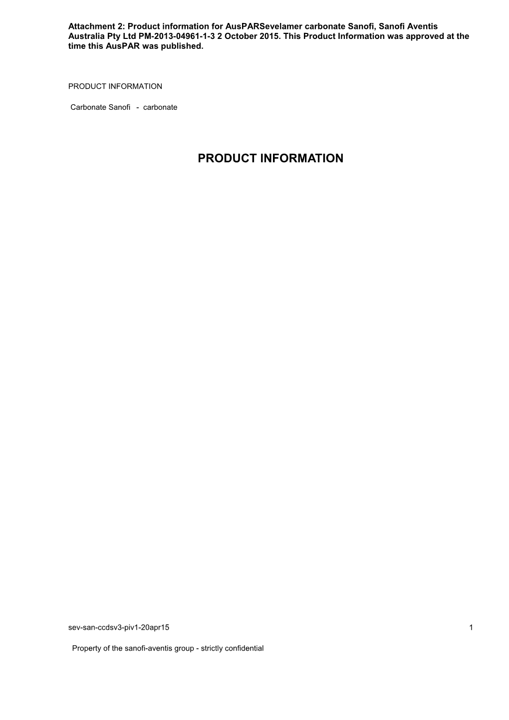 Auspar Attachment 2: Product Information for Sevelamer Carbonate Sanofi