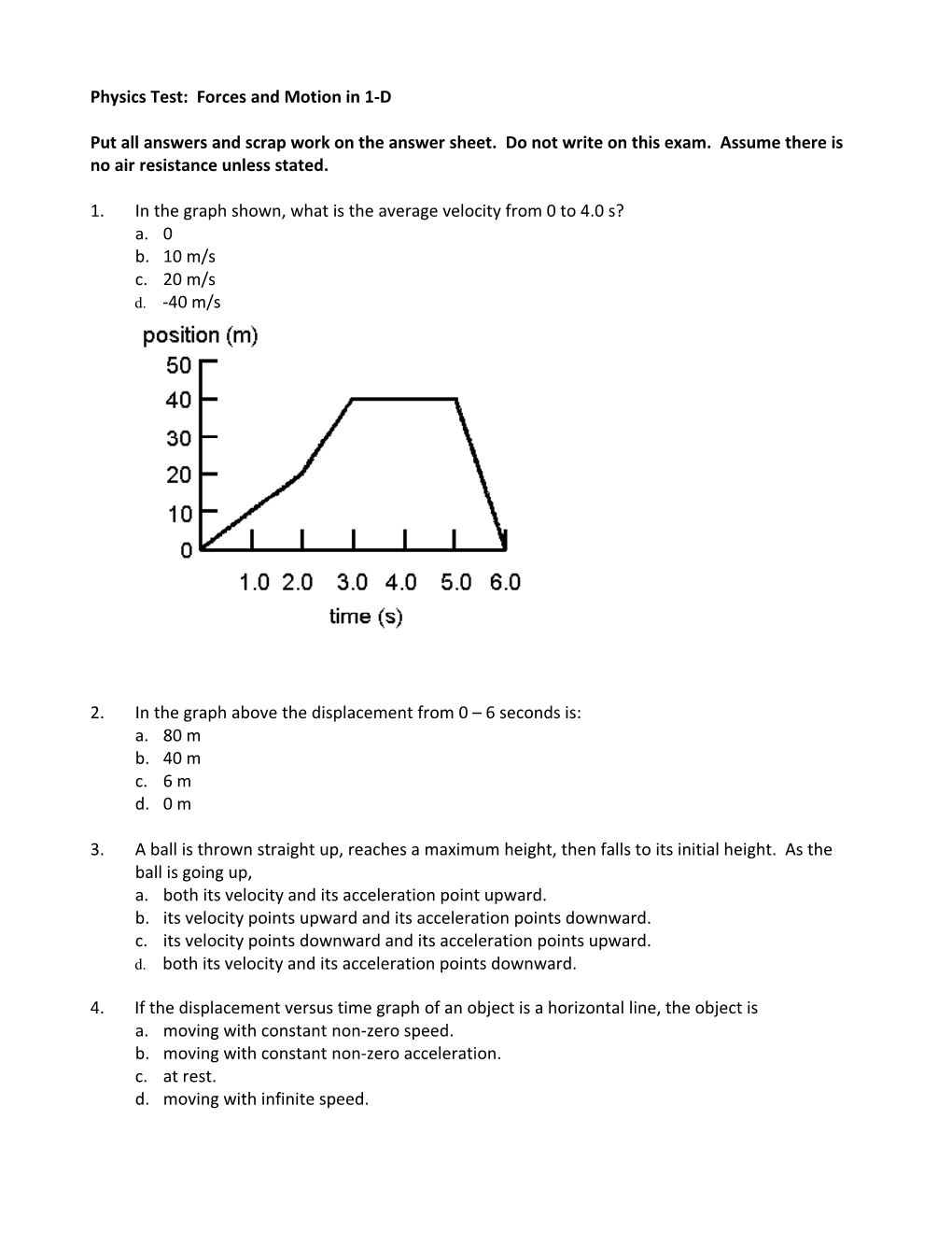 Physics Test: One Dimensional Motion