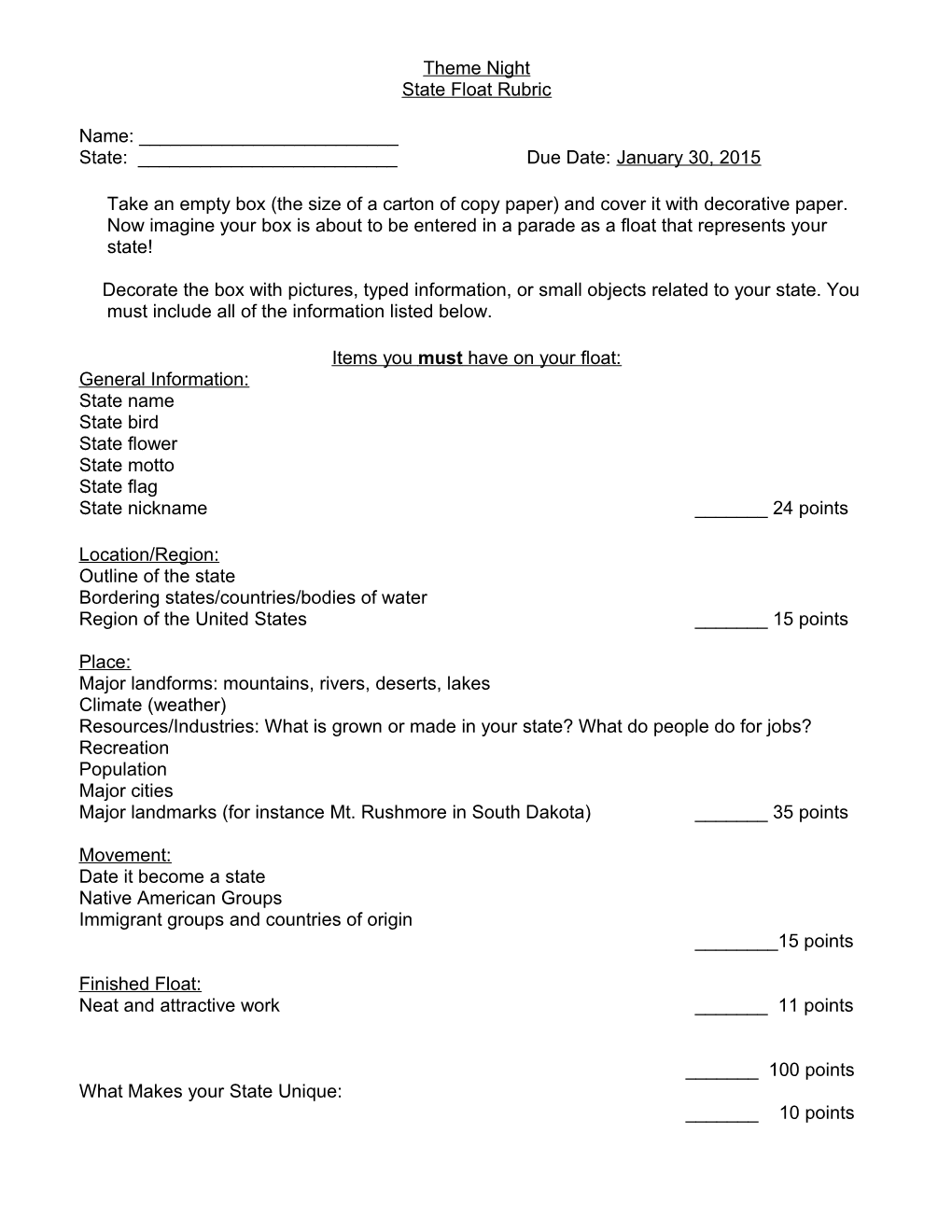 State Float Rubric