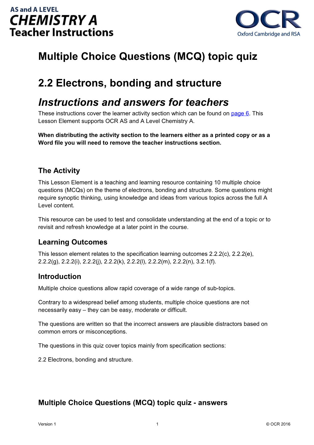 AS And A Level Chemistry A Multiple Choice Practice Tests (Electrons, Bonding And Structures)