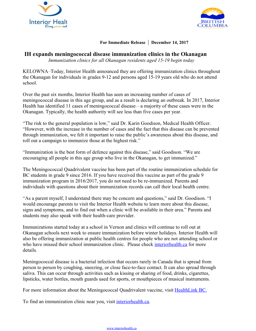 IH Expands Meningococcal Disease Immunization Clinics in the Okanagan