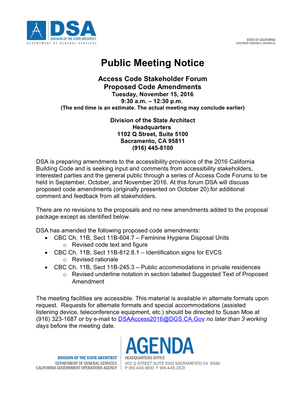 Public Meeting Notice: Access Code Stakeholder Forum, November 15, 2016