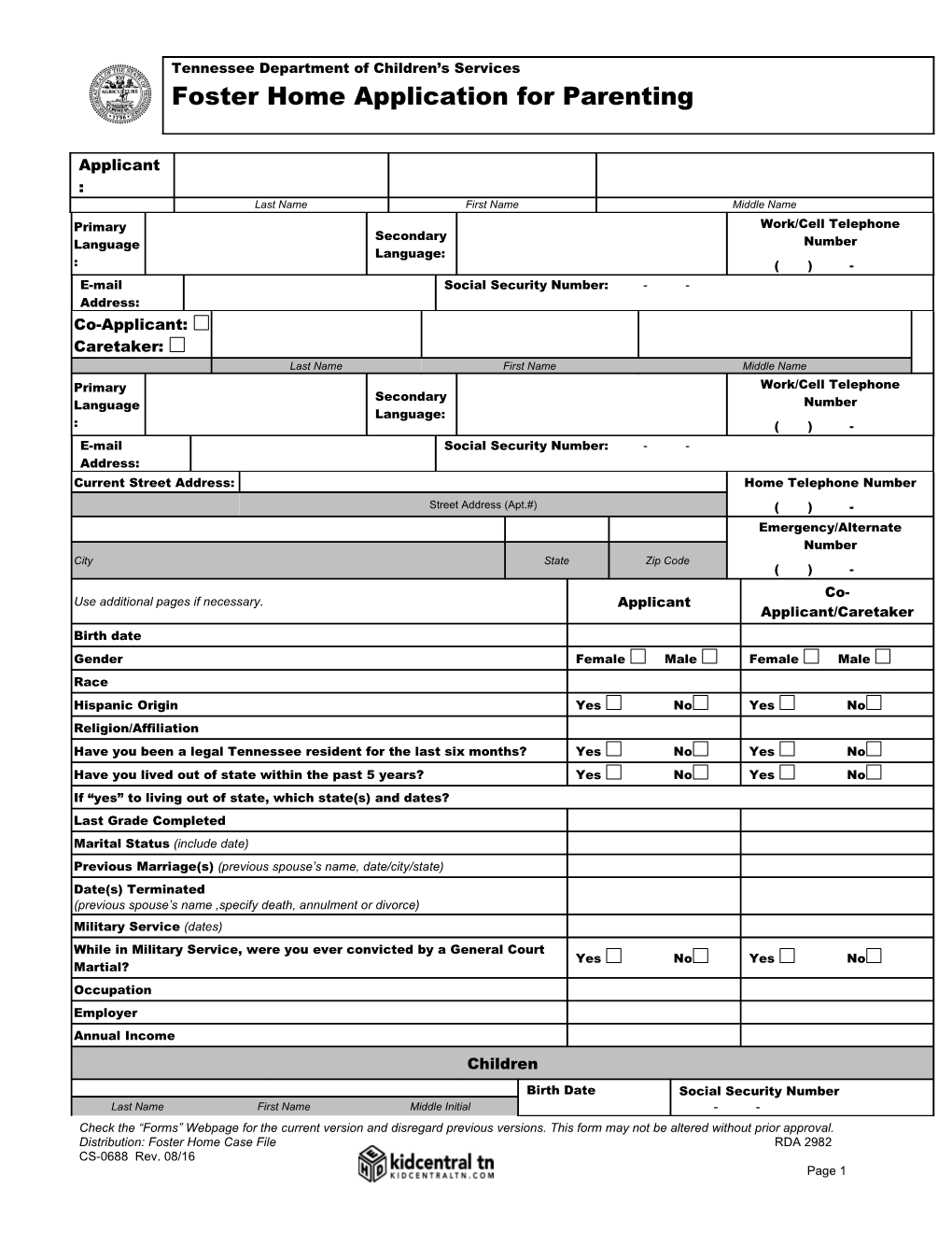 Tennessee Department of Children S Services Foster Home Application for Parenting