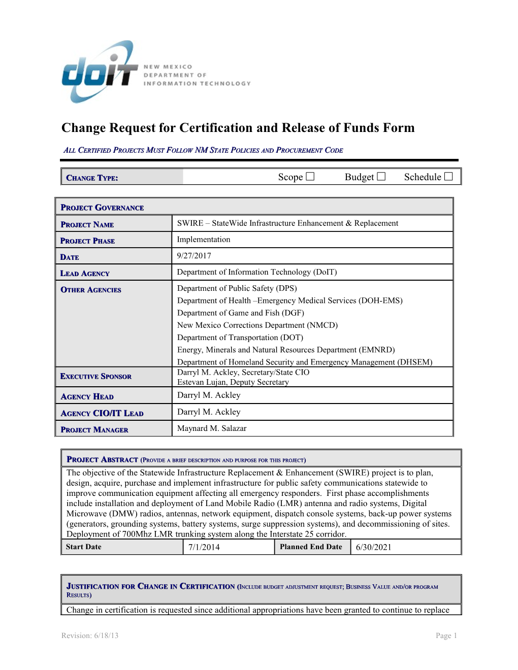Change Request for Certification and Release of Funds Form s1